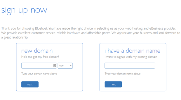 Choose Domain Name and Sign Up with Bluehost