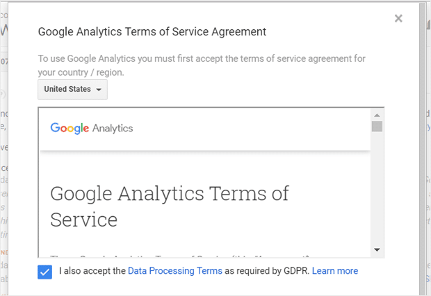 Accept Google Analytics Terms of Service and GDPR