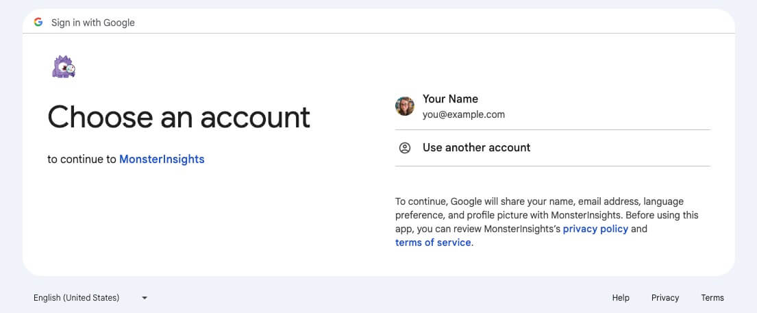 Choose a Google account to sign in with MonsterInsights