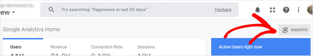 Clique na opção Insights no Google Analytics