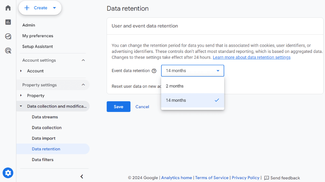 Set data retention settings to 14 months