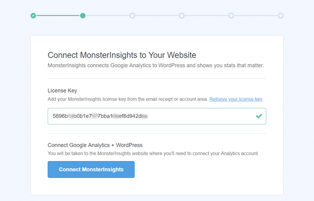 Entrez votre clé de licence MonsterInsights pour vous connecter à WordPress