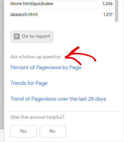 Perguntas de acompanhamento no painel de respostas do Google Analytics Intelligence