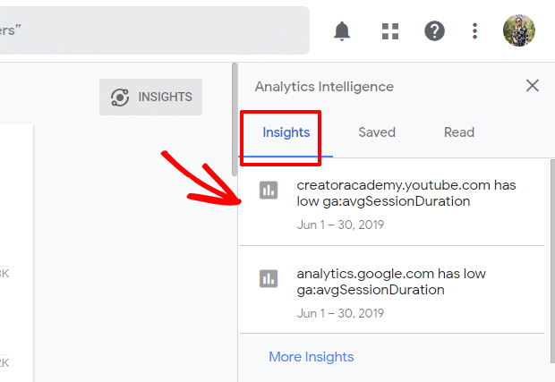 Lista de insights de inteligência do Google Analytics