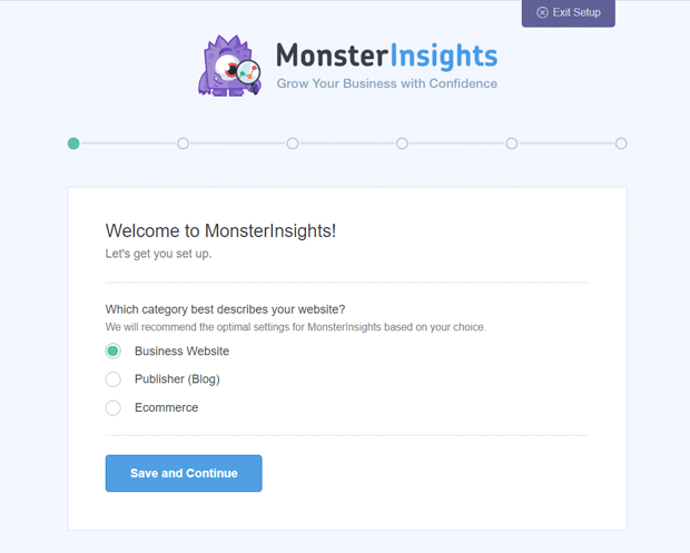 Assistant de configuration MonsterInsights - Choisissez votre catégorie de site Web