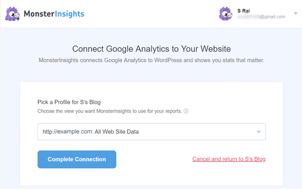 Choisissez votre propriété Google Analytics dans votre compte Analytics pour vous connecter à MonsterInsights