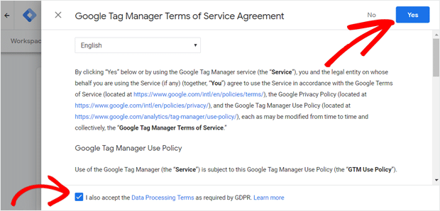 Accepter les conditions d'utilisation de Google Tag Manager et les conditions GDPR