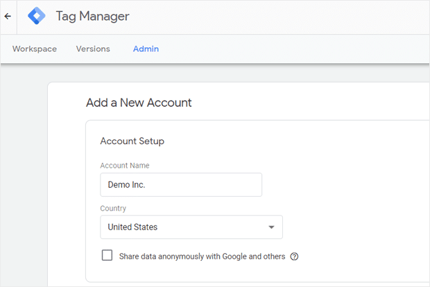 Add New Google Tag Manager Account - Account Setup