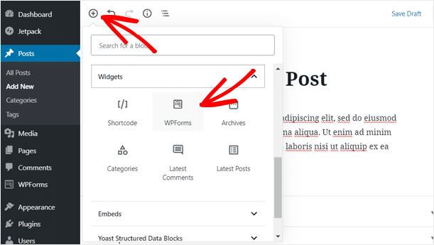 Add WPForms Widget in WordPress Content Edit Screen