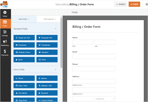 Écran de configuration du formulaire de commande WPForms