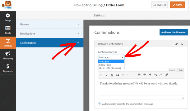 Confirmation Settings for Order Form in WordPress