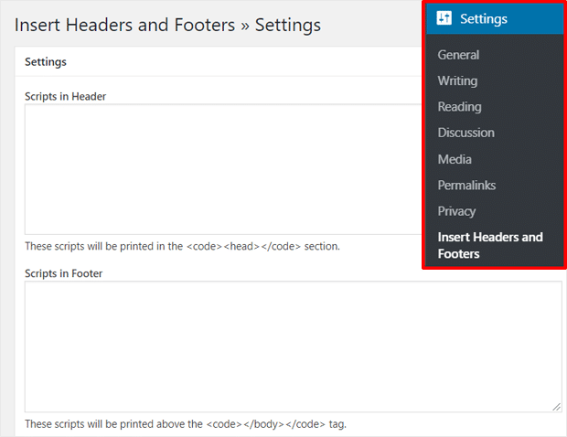 Insert Headers and Footers WordPress Plugjn Settings