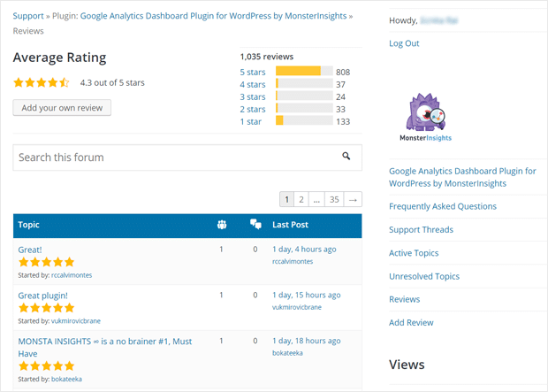 MonsterInsights Plugin Évaluations et notes