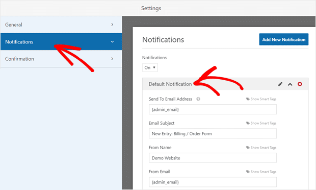 WordPress Order Form Default Notification Settings