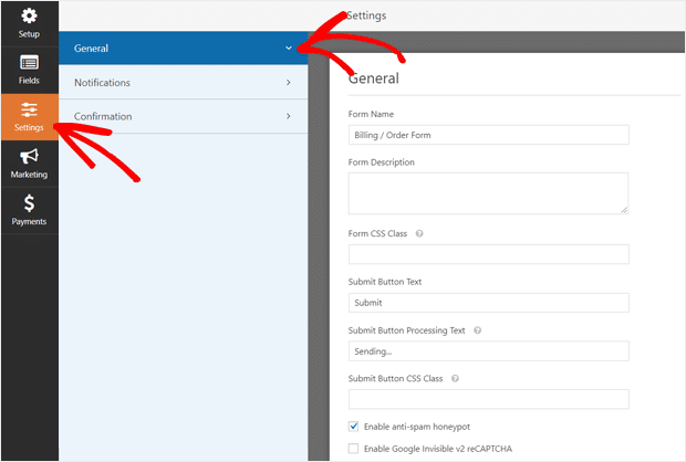 WordPress Order Form General Settings