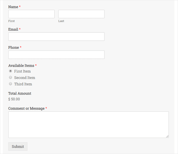WordPress Order Form in a Demo Website