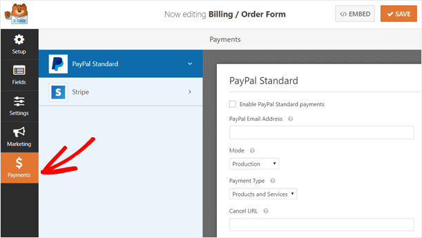 WordPress Order Form Payment Settings