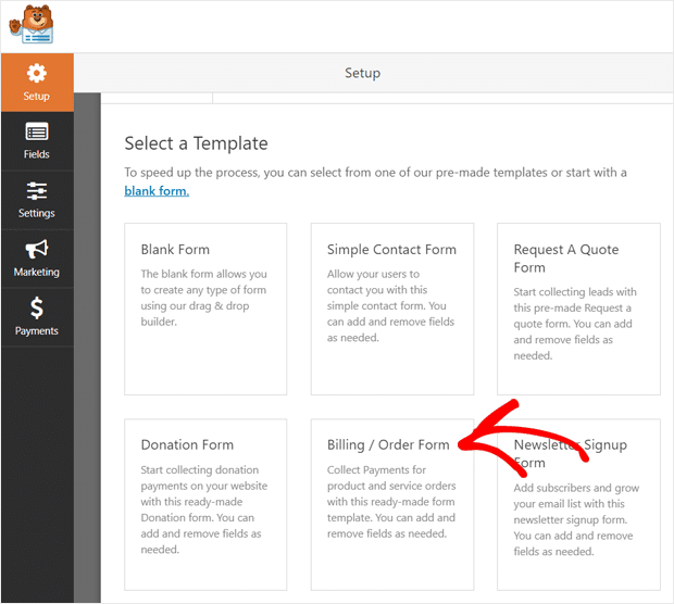 Select Billing / Order Form Template in WordPress WPForms