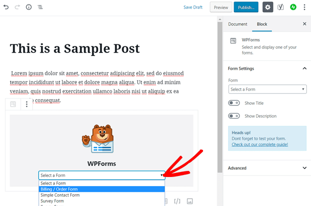 Sélectionnez le bon de commande à ajouter à votre article de blog WordPress