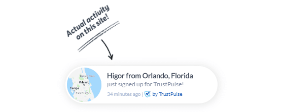 A social proof notification by TrustPulse