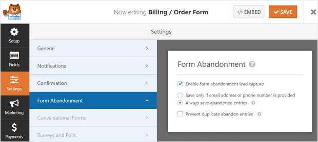 Enable Form Abandonment Lead Capture in WPForms