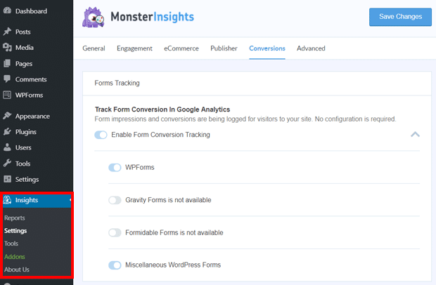 MonsterInsights Forms Tracking Settings