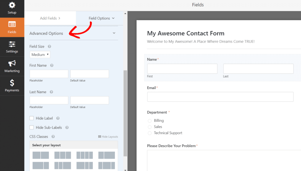 Change contact form field options