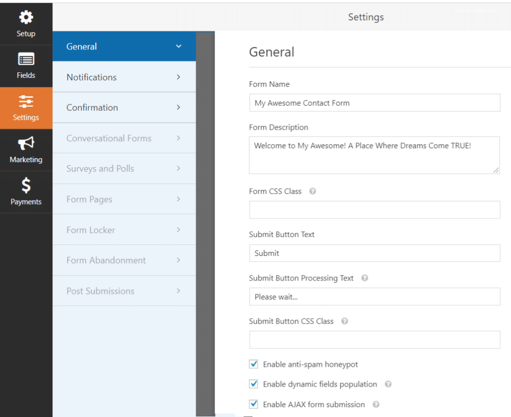 Change form General settings