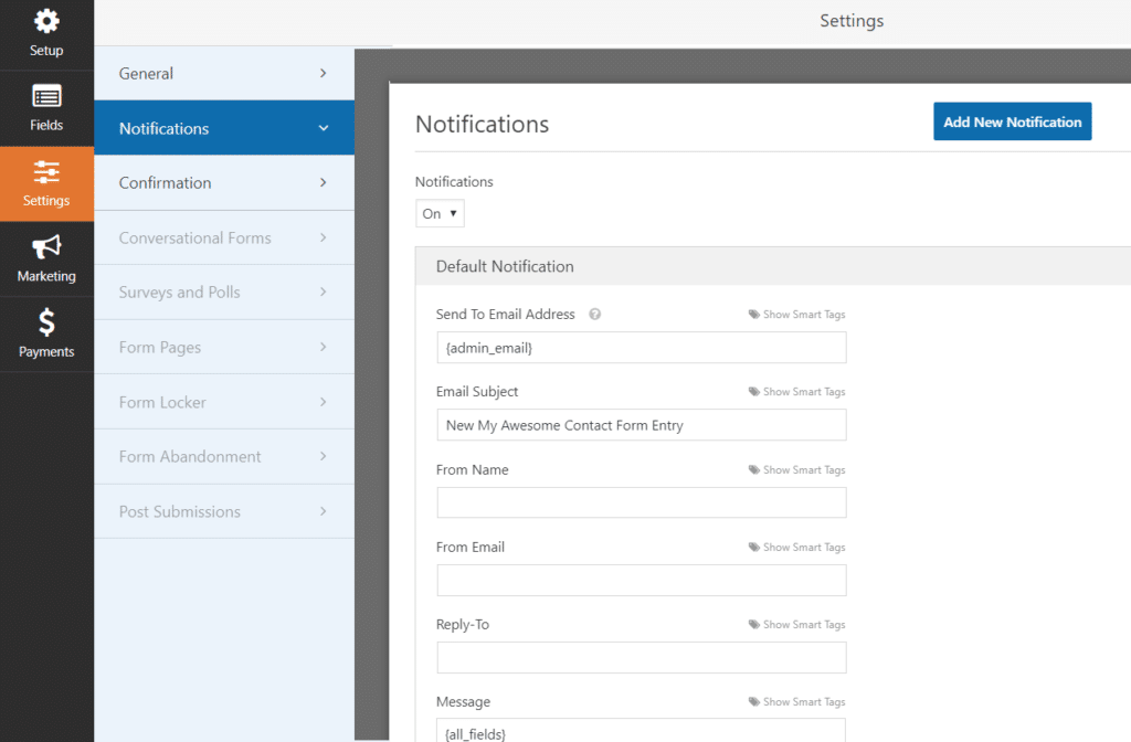 Change form notification settings