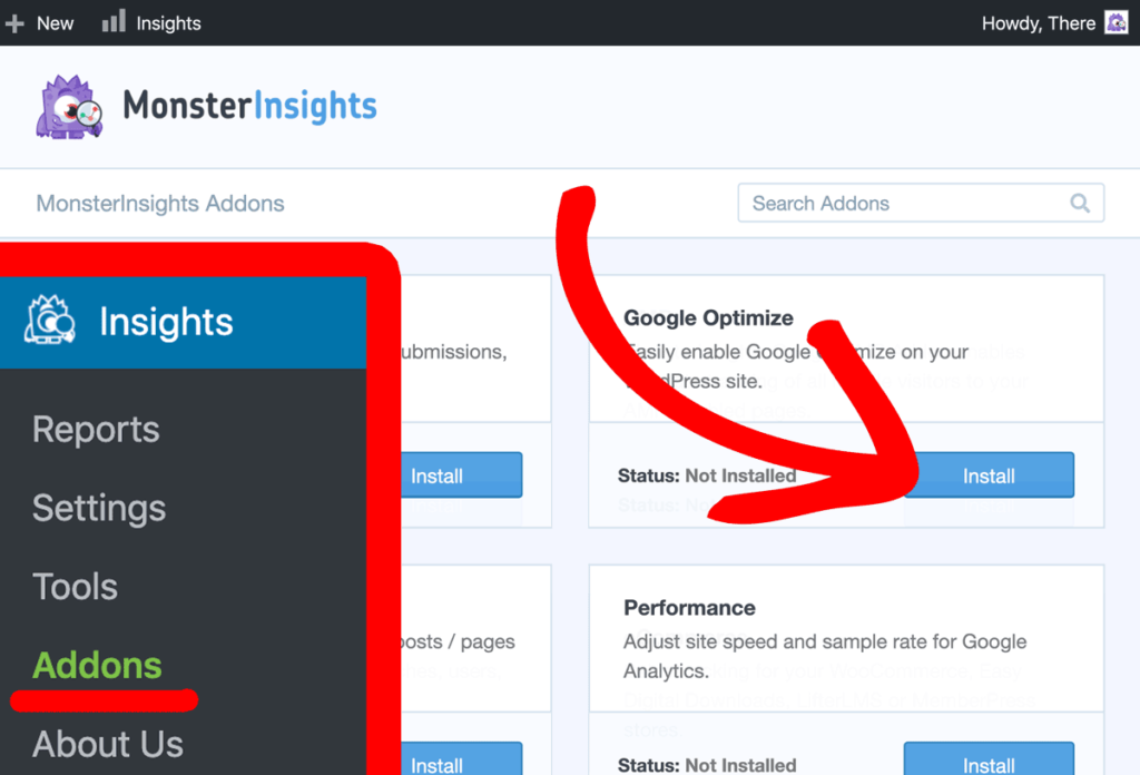 Install MonsterInsights Google Optimize Addon