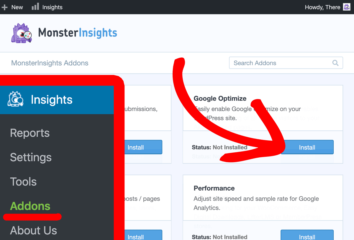 Install MonsterInsights Google Optimize Addon