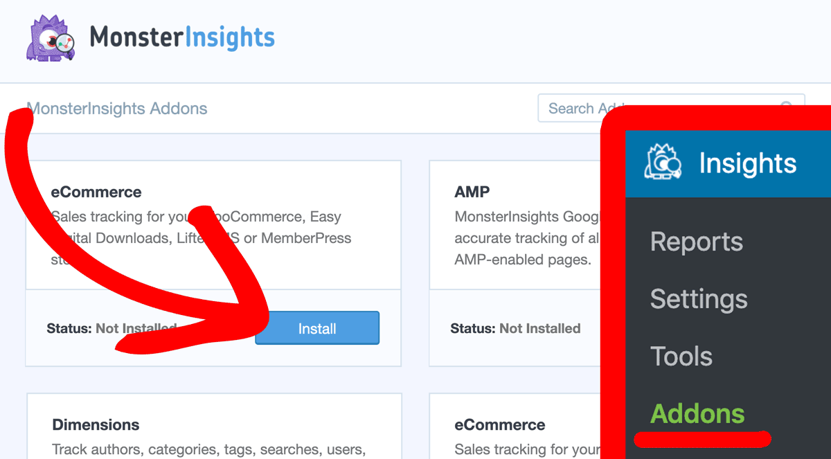 Install MonsterInsights eCommerce Addon