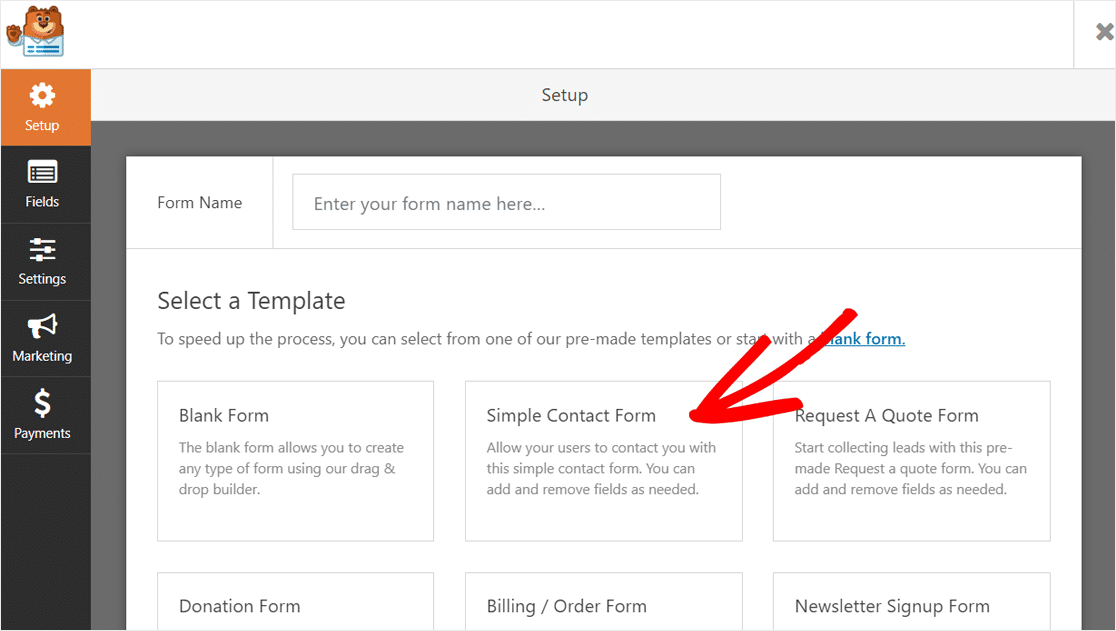 Select Simple Contact Form Template WPForms