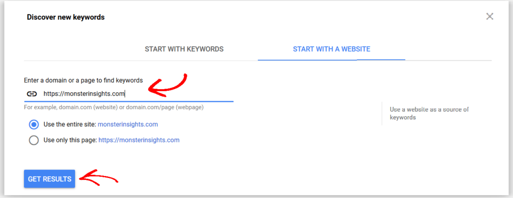 step-3-start-with-a-website "width =" 620 "height =" 239 "srcset =" https://www.monsterinsights.com/wp-content/uploads/2019/08/step-3-start -with-a-website-1024x395.png 1024w, https://www.monsterinsights.com/wp-content/uploads/2019/08/step-3-start-with-a-website-300x116.png 300w, https : //www.monsterinsights.com/wp-content/uploads/2019/08/step-3-start-with-a-website-768x297.png 768w, https://www.monsterinsights.com/wp-content/ uploads / 2019/08 / step-3-start-with-a-website.png 1305w "tailles =" (largeur max: 620px) 100vw, 620px "/></p></noscript></noscript>
<p>Cette option est parfaite pour regarder ce que font vos concurrents et voler leurs mots-clés. Il suffit d'entrer l'URL de leur site Web et de voir les mots-clés sur lesquels ils travaillent.</p>
<h4>Comment utiliser les résultats de Google Keyword Planner</h4>
<p>Une fois que vous avez obtenu des résultats, Google Keyword Planner affiche les résultats à l'aide de l'URL ou des mots clés que vous avez saisis et vous propose de nombreuses idées de mots clés.</p>
<p>Par exemple, lorsque nous avons saisi Google Analytics comme terme de recherche, l'outil nous a indiqué 674 idées de mots clés disponibles. Il suggère également d'autres mots clés pour élargir le <a href=