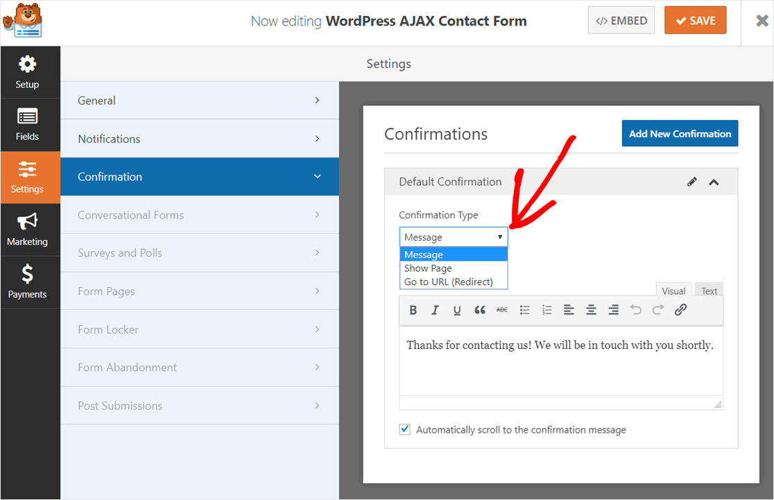 WPForms AJAX Form Confirmation Settings