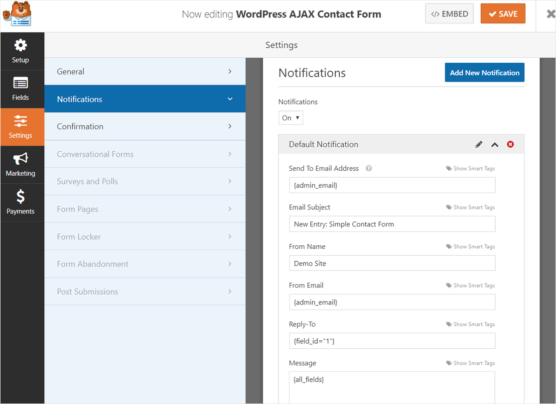 WPForms AJAX Form Notification Settings