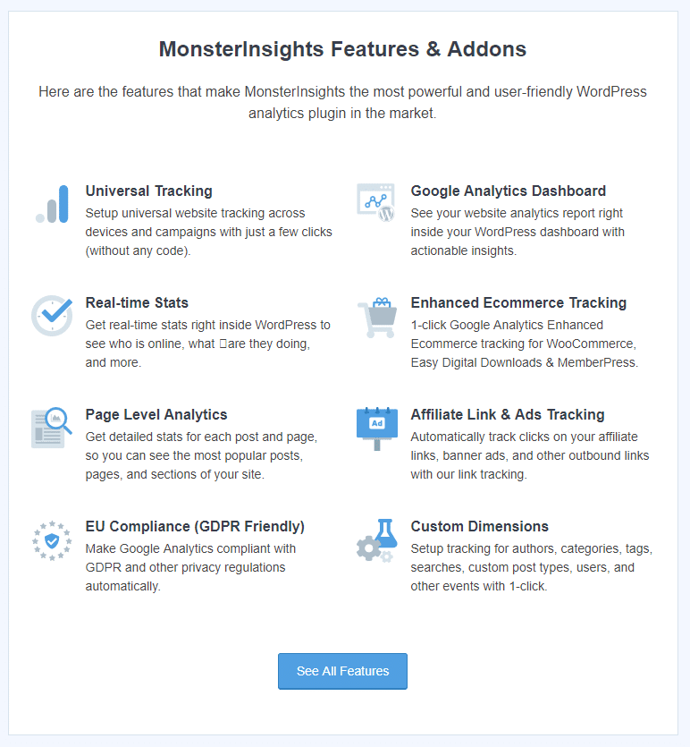 New MonsterInsights 7.8 release welcome screen with features and addons