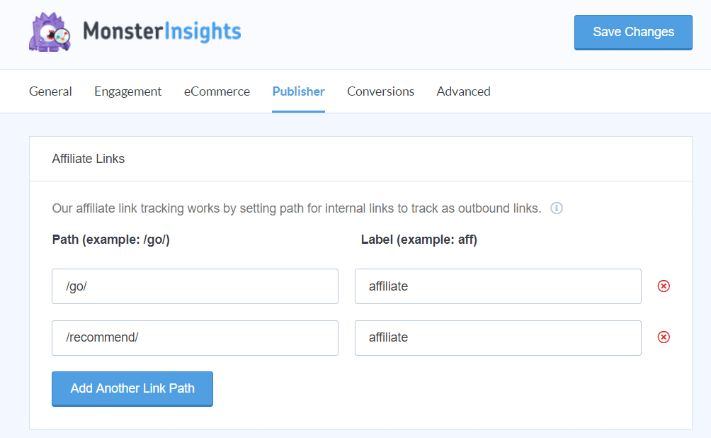 monsterinisghts-affilaite-tracking "width =" 620 "height =" 382 "srcset =" https://www.monsterinsights.com/wp-content/uploads/2019/09/monsterinisghts-affilaite-tracking.png 1004w, https: //www.monsterinsights.com/wp-content/uploads/2019/09/monsterinisghts-affilaite-tracking-300x185.png 300w, https://www.monsterinsights.com/wp-content/uploads/2019/09/monsterinisghts -affilaite-tracking-768x473.png 768w "tailles =" (largeur maximale: 620 pixels) 100vw, 620 pixels "/></p></noscript></noscript>
<p>Vous pouvez définir le chemin souhaité (/ go /, / refer /, / recommend /) et le plug-in détectera automatiquement les liens d'affiliation et démarrera le suivi.</p>
<p>Avec le suivi des affiliés de MonsterInsights, vous n’avez pas à engager de développeur ni à courir le risque d’erreurs dans le processus de configuration manuelle.</p>
<p>Et la meilleure chose à propos du plugin est qu’il affiche des rapports détaillés sur vos affiliés dans votre tableau de bord WordPress.</p>
<p>Pour accéder au rapport, allez à <strong>Insights »Rapports </strong>puis cliquez sur <strong>Les éditeurs </strong>onglet du haut. Maintenant, faites défiler vers le bas et vous verrez les meilleurs liens d'affiliation.</p>
<p>À l'aide du rapport, vous pouvez voir quels liens d'affiliation Amazon fonctionnent le mieux sur votre site Web. Il montre quel lien génère le plus de clics. Vous pouvez ensuite utiliser ces données pour optimiser vos liens d’affiliation afin d’améliorer les conversions.</p>
<h3>Pourquoi suivre les liens d'affiliation Amazon?</h3>
<p>Nos lecteurs nous demandent souvent pourquoi ils devraient suivre leurs liens d’affiliation Amazon. Au début de l'article, nous avons énuméré certains avantages. Maintenant, décomposons-les plus en détail.</p>
<ul>
<li><strong>Voir quelle page ou poste fonctionne le mieux</strong> – en suivant les liens des affiliés, vous pouvez savoir quelles pages et quels types de contenu génèrent le plus de clics et de ventes.</li>
<li><strong>Trouver de nouvelles idées de contenu </strong>– tu peux en avoir un nouveau <a href=