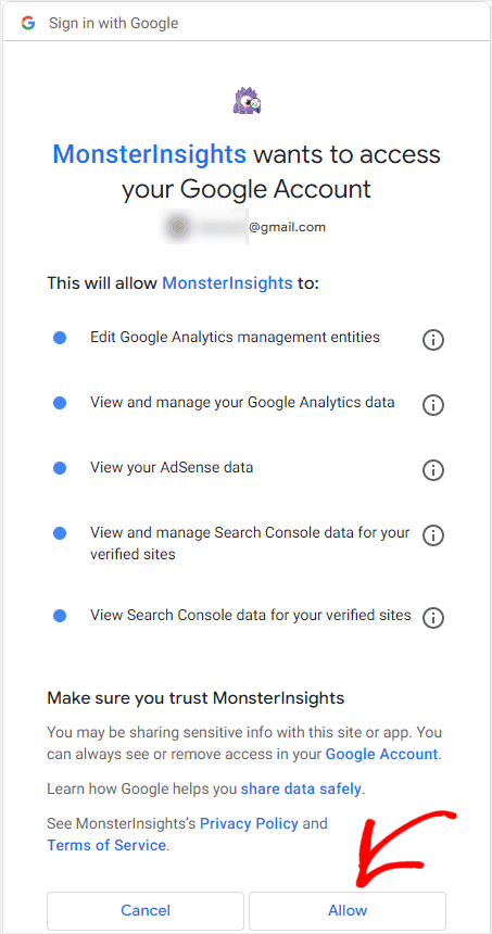 MonsterInsights wizard connect to Google account