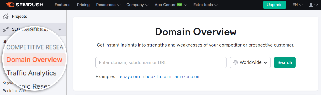 Domain overview in Semrush - track competitor website traffic