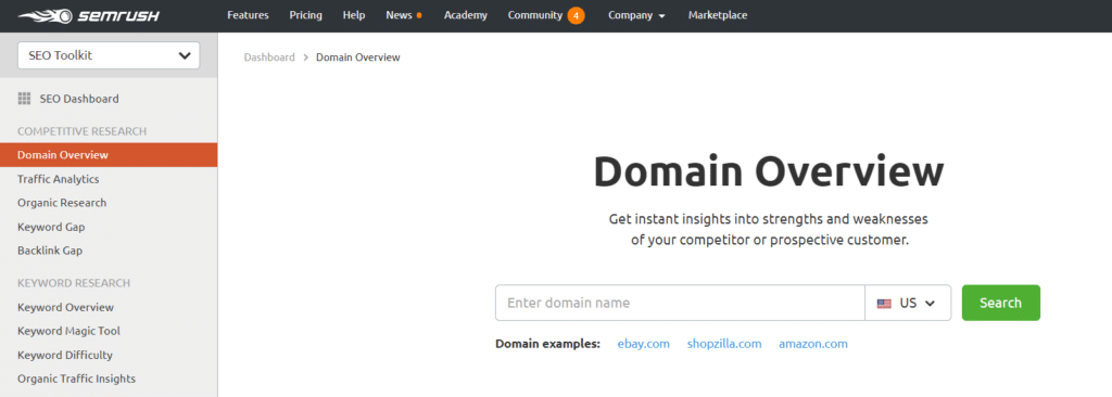 SEMrush domain overview