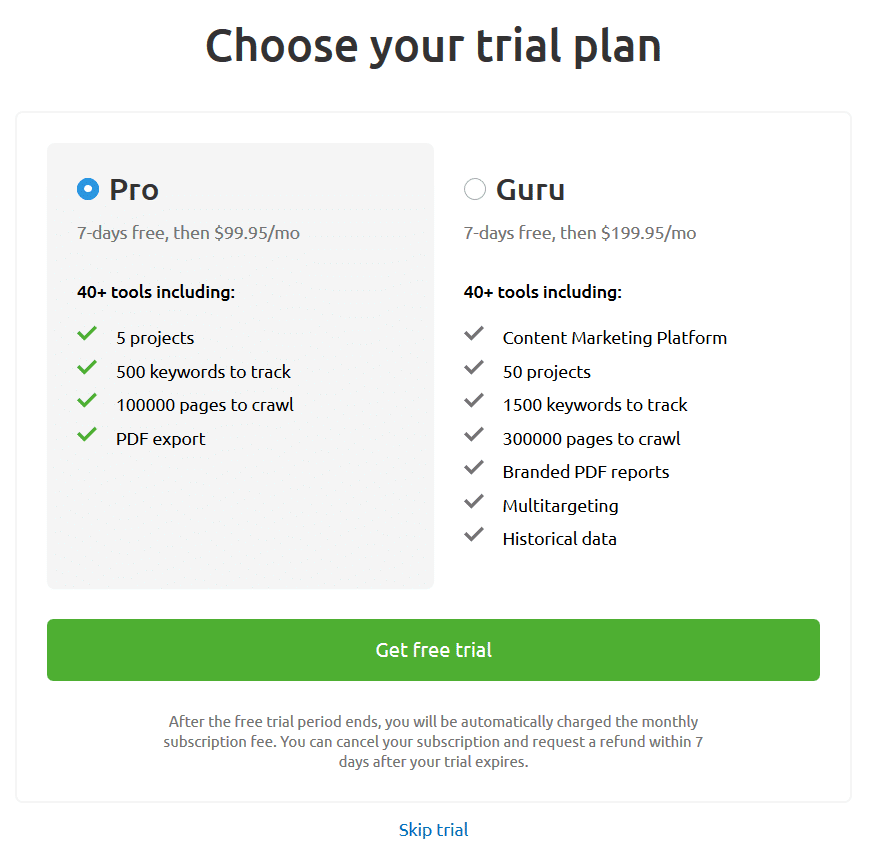 prueba gratuita de semrush