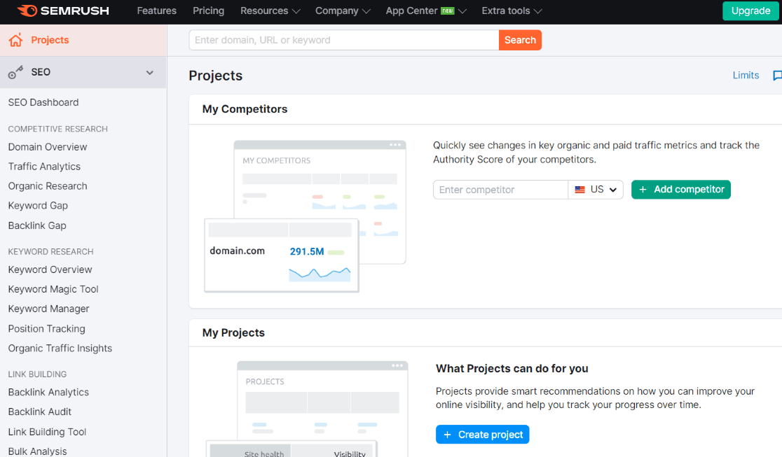 Semrush home dashboard