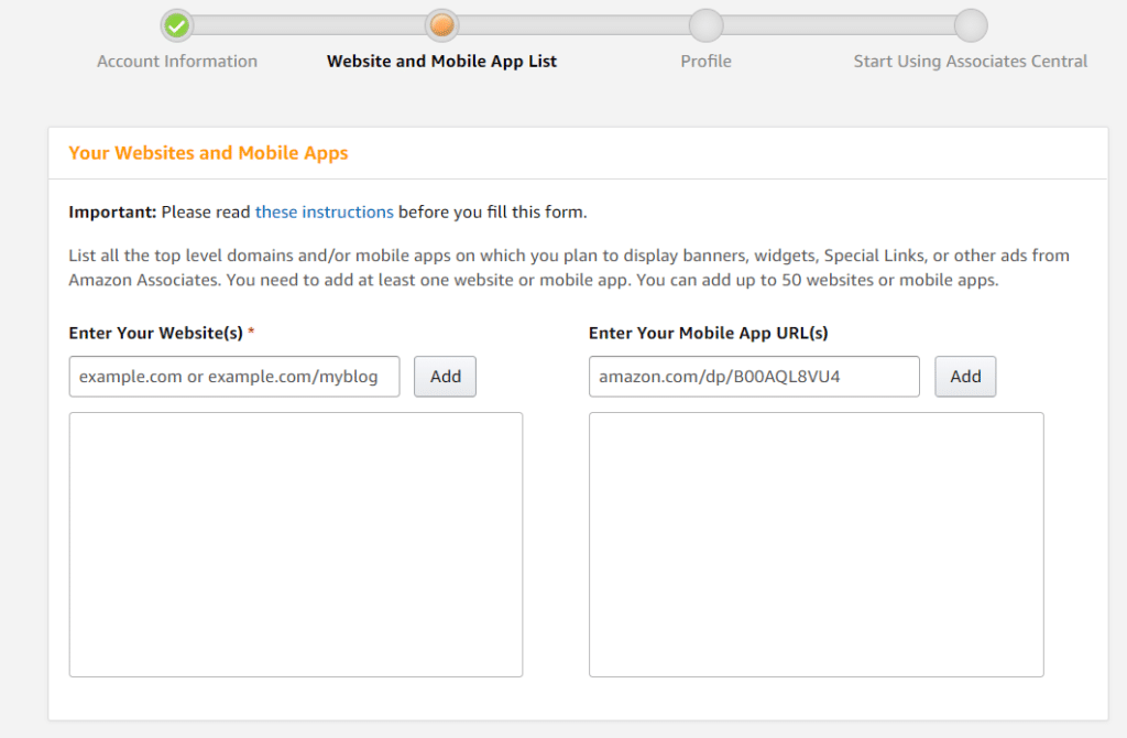 add-your-website-mobile-app "width =" 620 "height =" 406 "srcset =" https://www.monsterinsights.com/wp-content/uploads/2019/11/add-your-website-mobile -app-1024x670.png 1024w, https://www.monsterinsights.com/wp-content/uploads/2019/11/add-your-website-mobile-app-300x196.png 300w, https: //www.monsterinsights .com / wp-content / uploads / 2019/11 / add-votre-site-mobile-app-768x503.png 768w, https://www.monsterinsights.com/wp-content/uploads/2019/11/add- votre-site-mobile-app.png 1062w "tailles =" (largeur maximale: 620 pixels) 100vw, 620 pixels "/></p></noscript></noscript>
<p>Amazon vous posera ensuite une série de questions sur votre site Web, votre nature, les produits que vous recherchez et le trafic généré. Il vous demandera également de saisir vos informations de taxe et de paiement, mais vous pouvez ignorer cette étape pour le moment et poursuivre.</p>
<p>Une fois le processus terminé, votre profil sera examiné et approuvé. Voyons maintenant comment ajouter vos produits d’<a href=