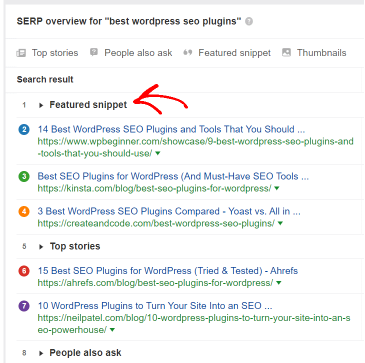 ahref-Featured-Snippet-Preview "width =" 620 "height =" 617 "srcset =" https://www.monsterinsights.com/wp-content/uploads/2019/11/ahref-featured-snippet-preview.png 730w, https://www.monsterinsights.com/wp-content/uploads/2019/11/ahref-featured-snippet-preview-150x150.png 150w, https://www.monsterinsights.com/wp-content/uploads /2019/11/ahref-featured-snippet-preview-300x298.png 300w, https://www.monsterinsights.com/wp-content/uploads/2019/11/ahref-featured-snippet-preview-100x100.png 100w "tailles =" (largeur maximale: 620px) 100vw, 620px "/></p></noscript></noscript>
<p><strong>13. Créer un type de contenu qui apparaît dans les extraits </strong>– Les moteurs de recherche affichent 4 types d'extraits (paragraphes, listes, tableaux, vidéos). Après avoir trouvé le type de contenu affiché, vous pouvez <a href=