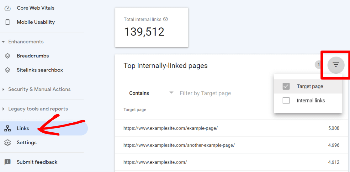 Filter internal links by page in Search Console