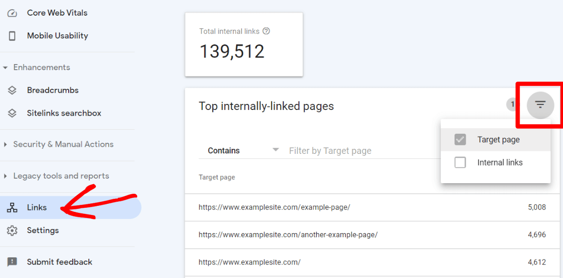 Filtrar links internos por página no Search Console