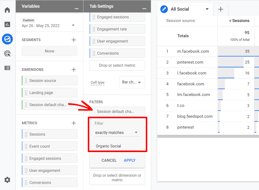 GA4 social explore report filter