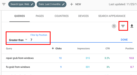 comment-utiliser-recherche-console-filtre-mot-clé-position "width =" 620 "height =" 342 "srcset =" https://www.monsterinsights.com/wp-content/uploads/2019/11/how -à-utiliser-recherche-console-filtre-mot-clé-position.png 550w, https://www.monsterinsights.com/wp-content/uploads/2019/11/how-to-use-search-console-filter- keyword-position-300x165.png 300w "tailles =" (largeur maximale: 620 pixels) 100vw, 620 pixels "/></p></noscript></noscript>
<p>Le rapport vous donnera une liste de mots-clés. Recherchez les termes de recherche qui figurent à la page 2 ou 3 de Google (position maximale 30) mais qui génèrent de nombreuses impressions. Vous pouvez également télécharger un fichier CSV et l'ouvrir dans une feuille de calcul pour sélectionner des mots-clés.</p>
<p>Étant donné que ces mots clés sont proches de la première page et qu'ils génèrent des impressions, vous pouvez les optimiser pour augmenter votre trafic.</p>
<p>Par exemple, vérifiez votre <a href=