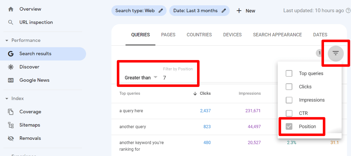 Filtro do Search Console por posição